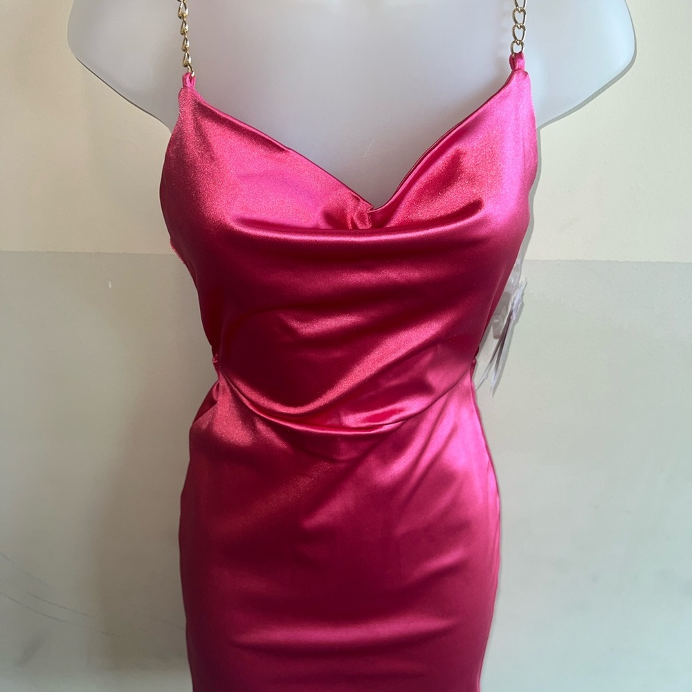 Planet Gold Fuchsia Satin Mini Dress with Gold Straps